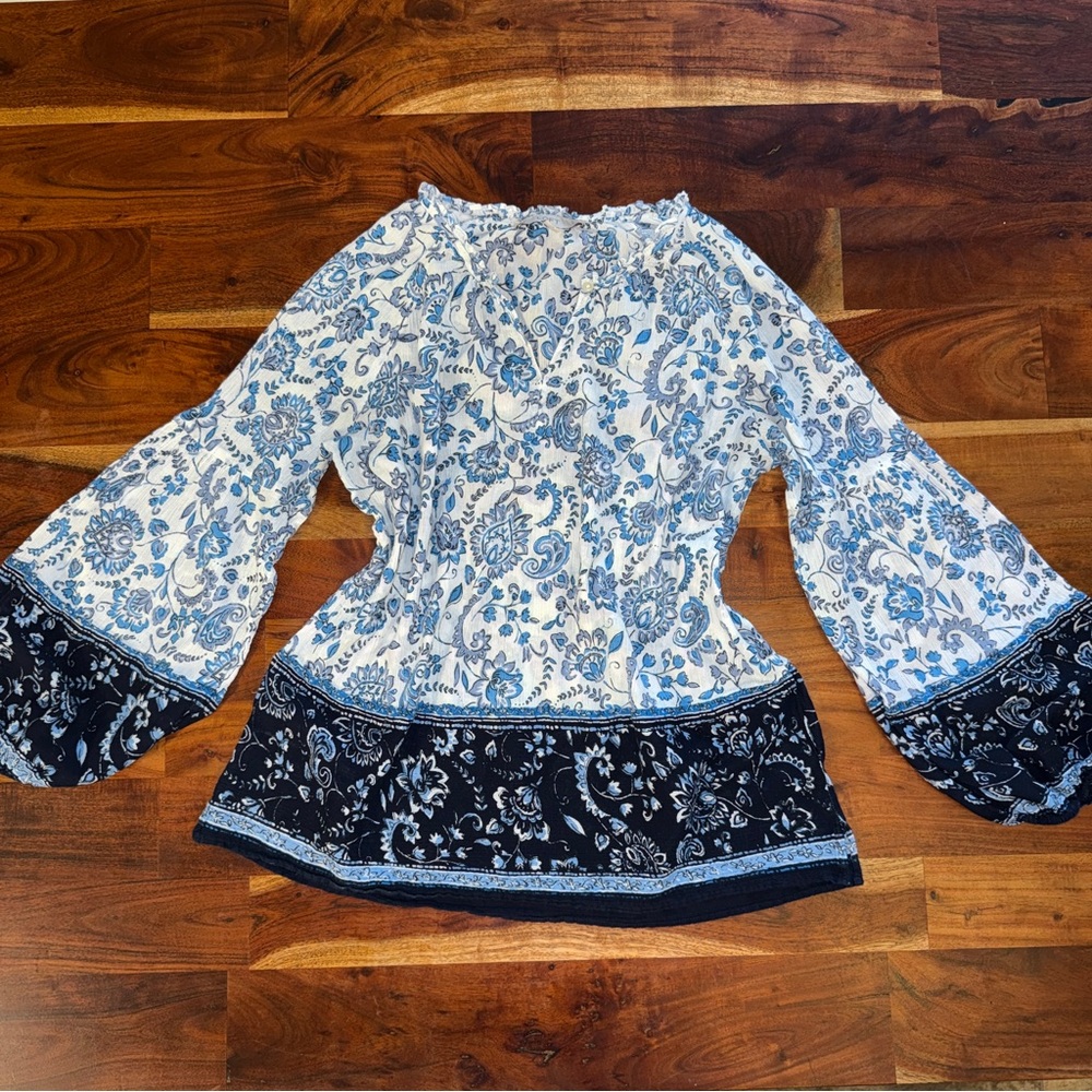 LOFT Boho Blue Floral Peasant Top 100% Cotton